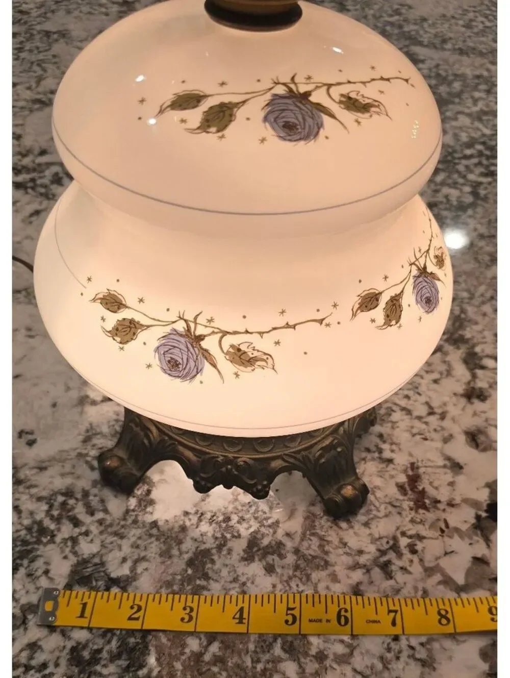 Vintage Gone With the Wind Hurricane Lamp Blue Roses 3-Way Satin Glass 21